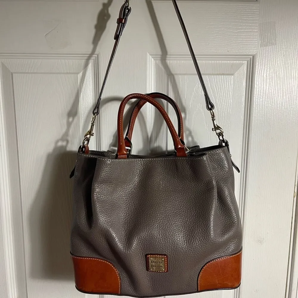 Dooney & Bourke Brenna Gray pebble Leather satchel tanTrim & Strap bonus pouch.